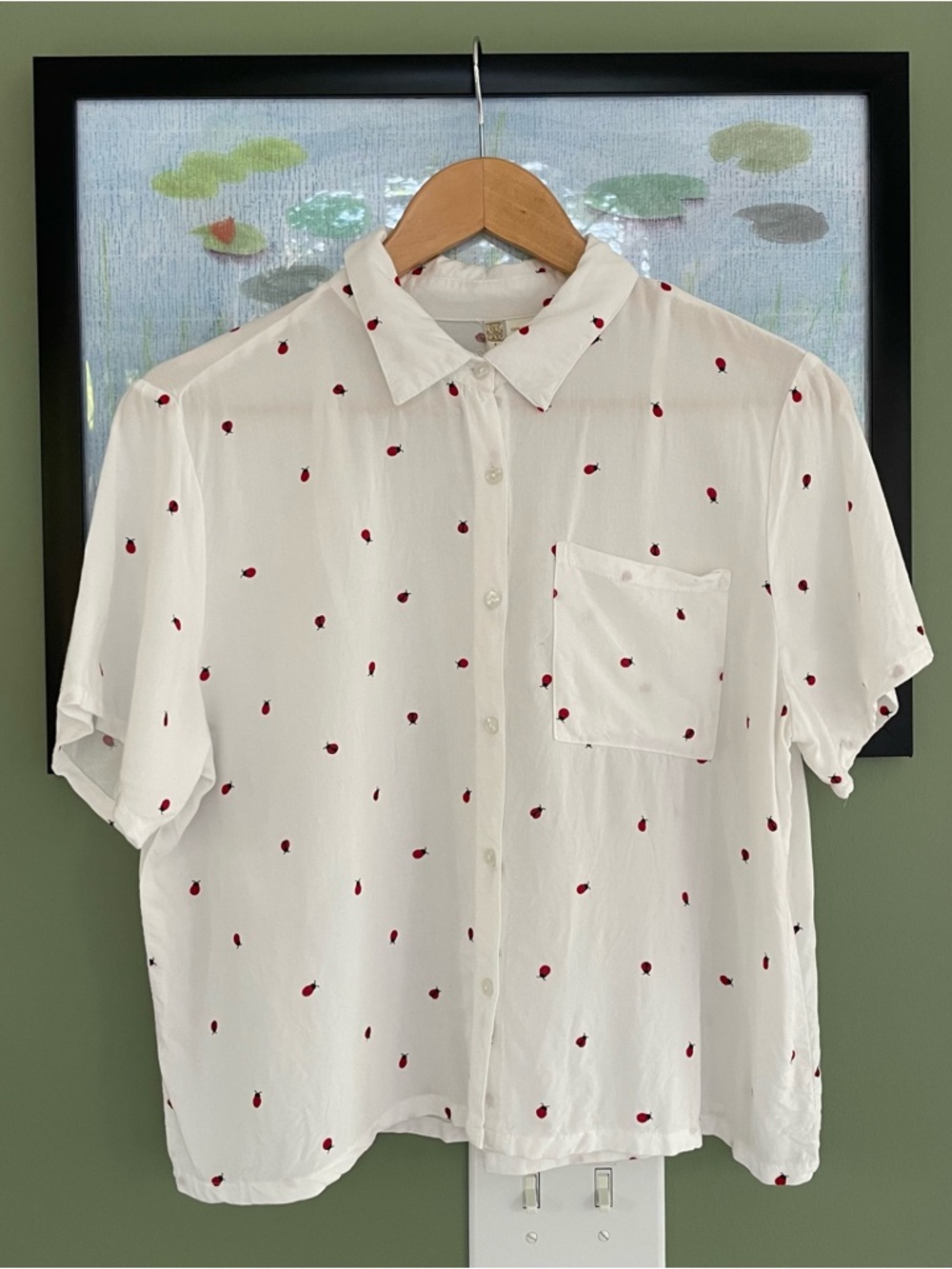 White Short-Sleeve Blouse with Ladybug Print